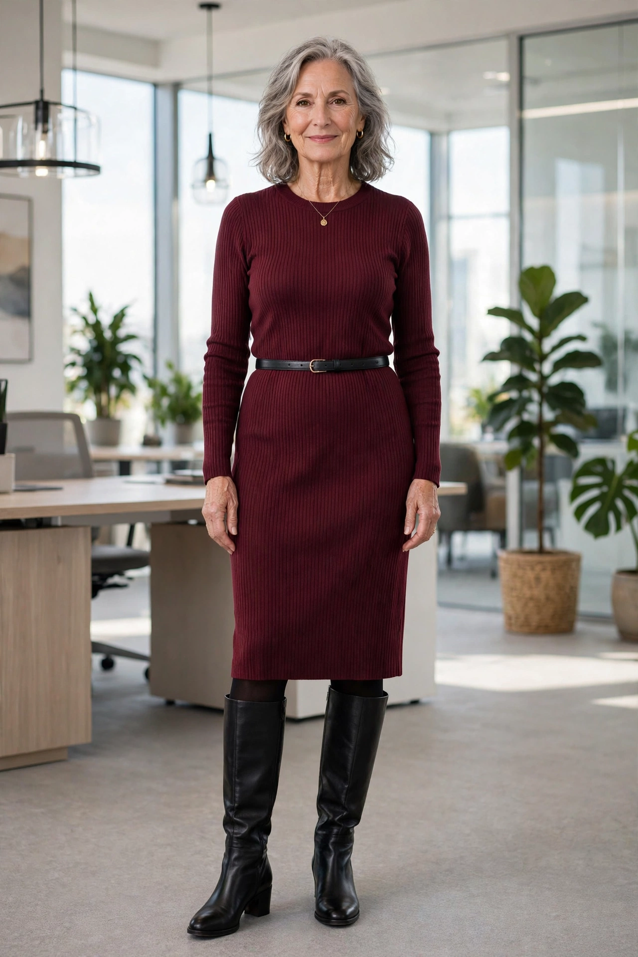 Elegant woman in her 60s wearing a burgundy ribbed knit midi dress