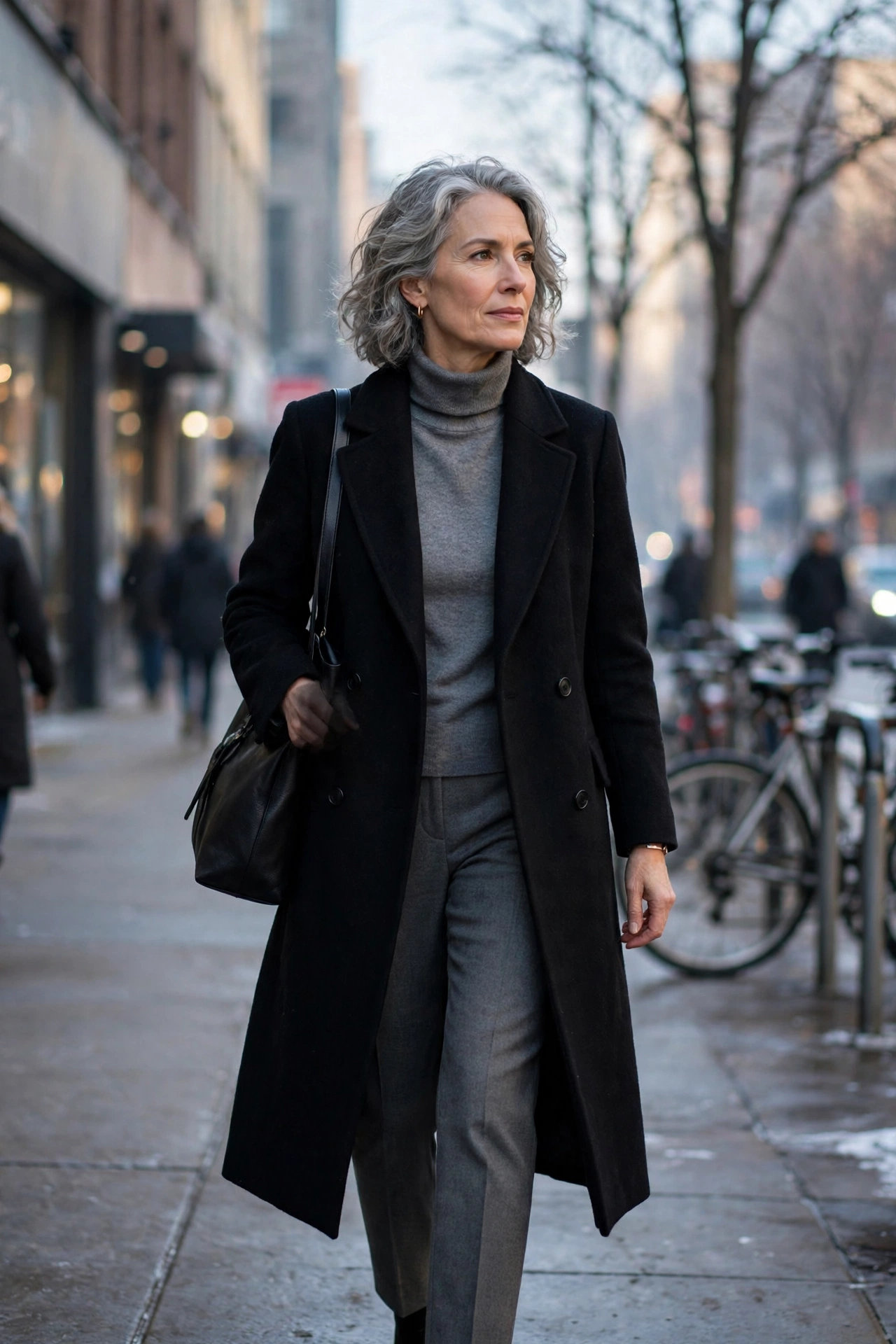 Professional woman over 50 in a long black wool overcoat on a winter street