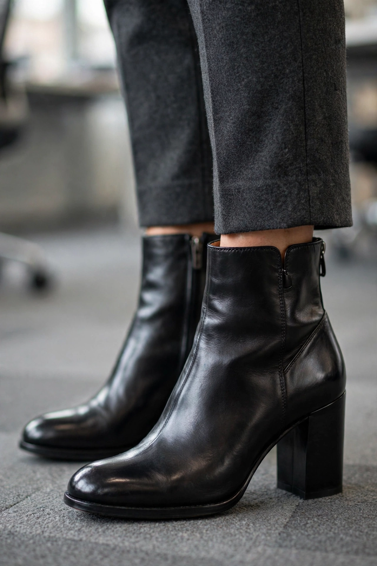 Polished black leather ankle boots with block heels and cropped wool trousers