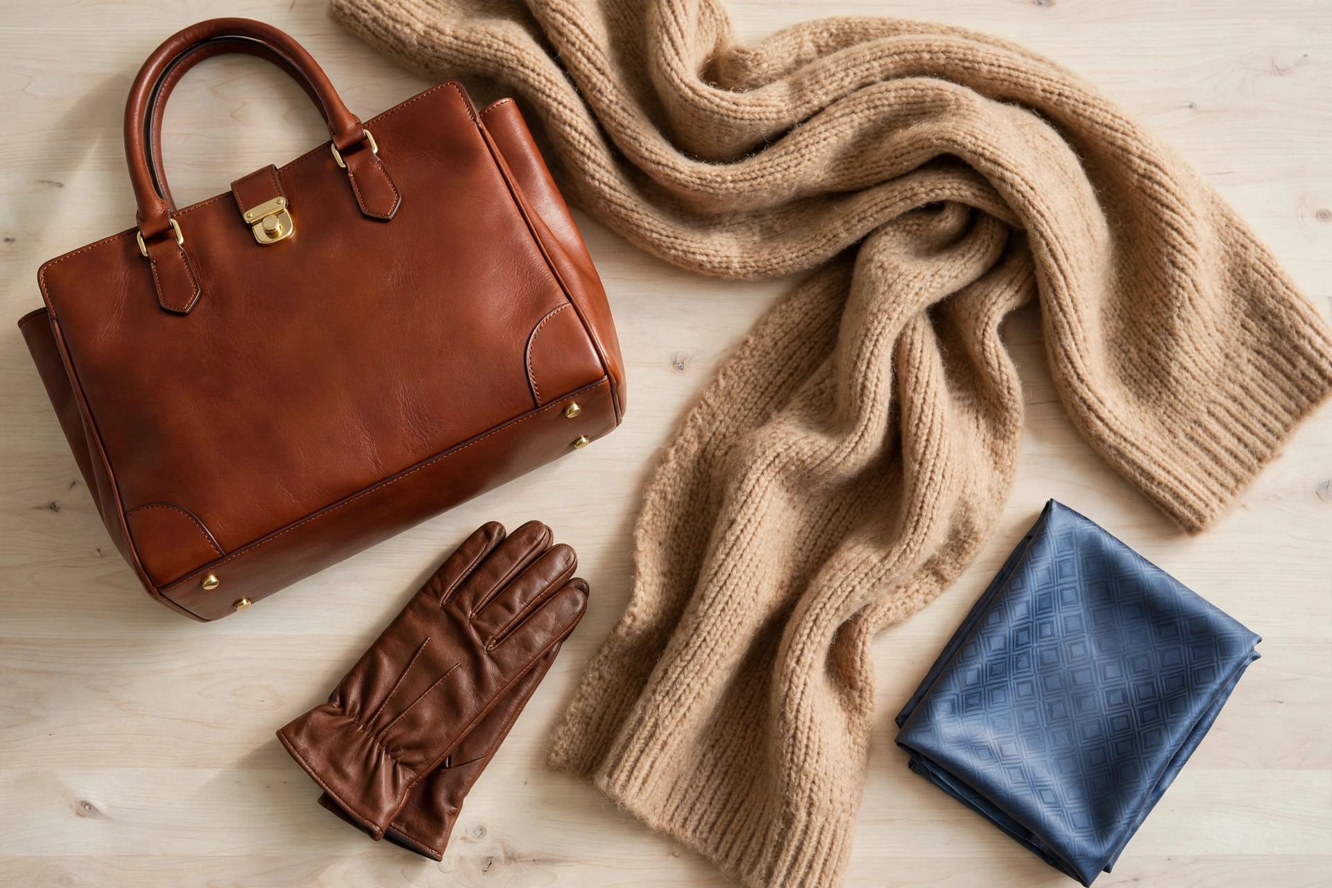 Winter work accessories: leather tote, wool scarf, gloves and silk scarf