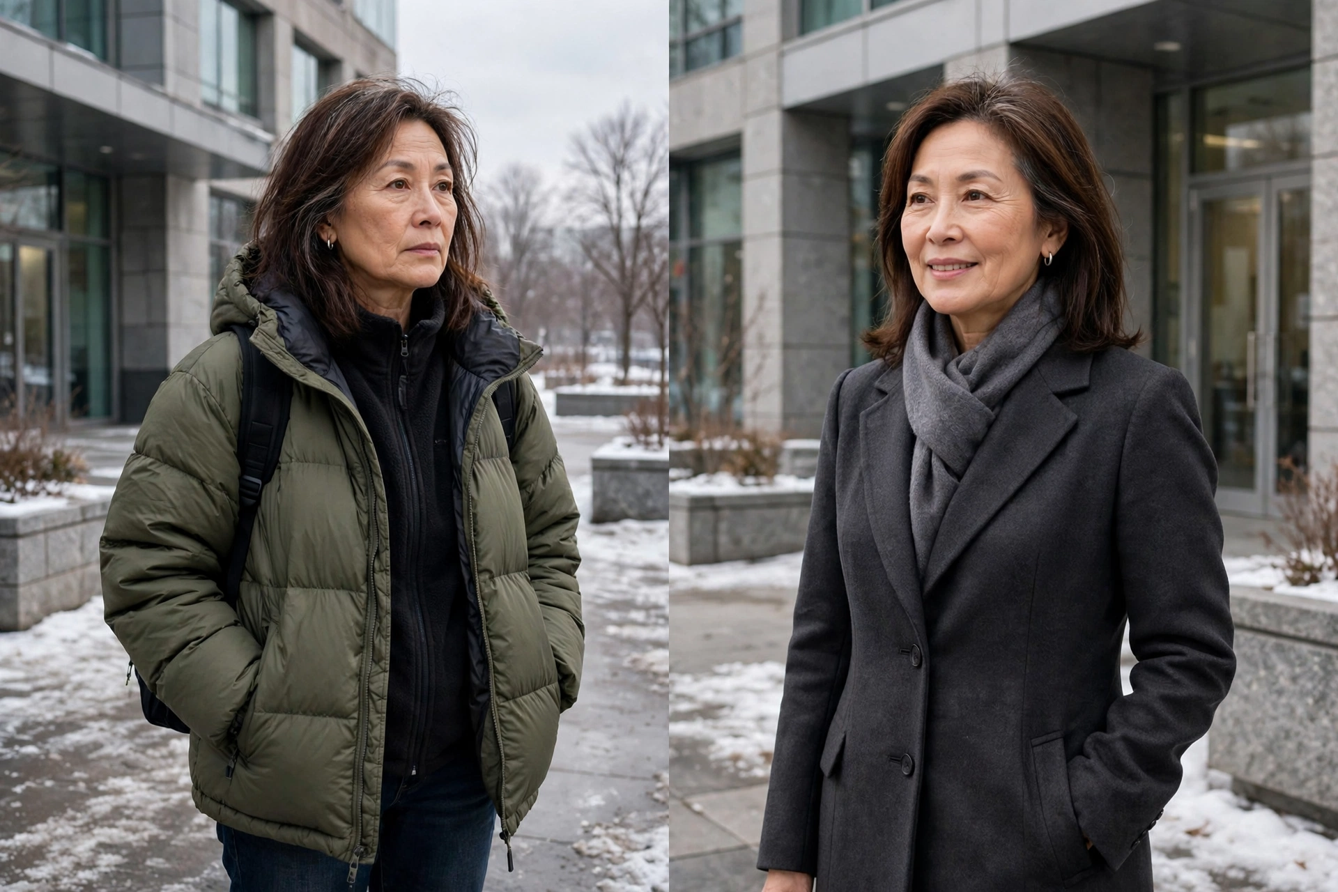 Comparison of a bulky puffer jacket versus a tailored wool overcoat for work
