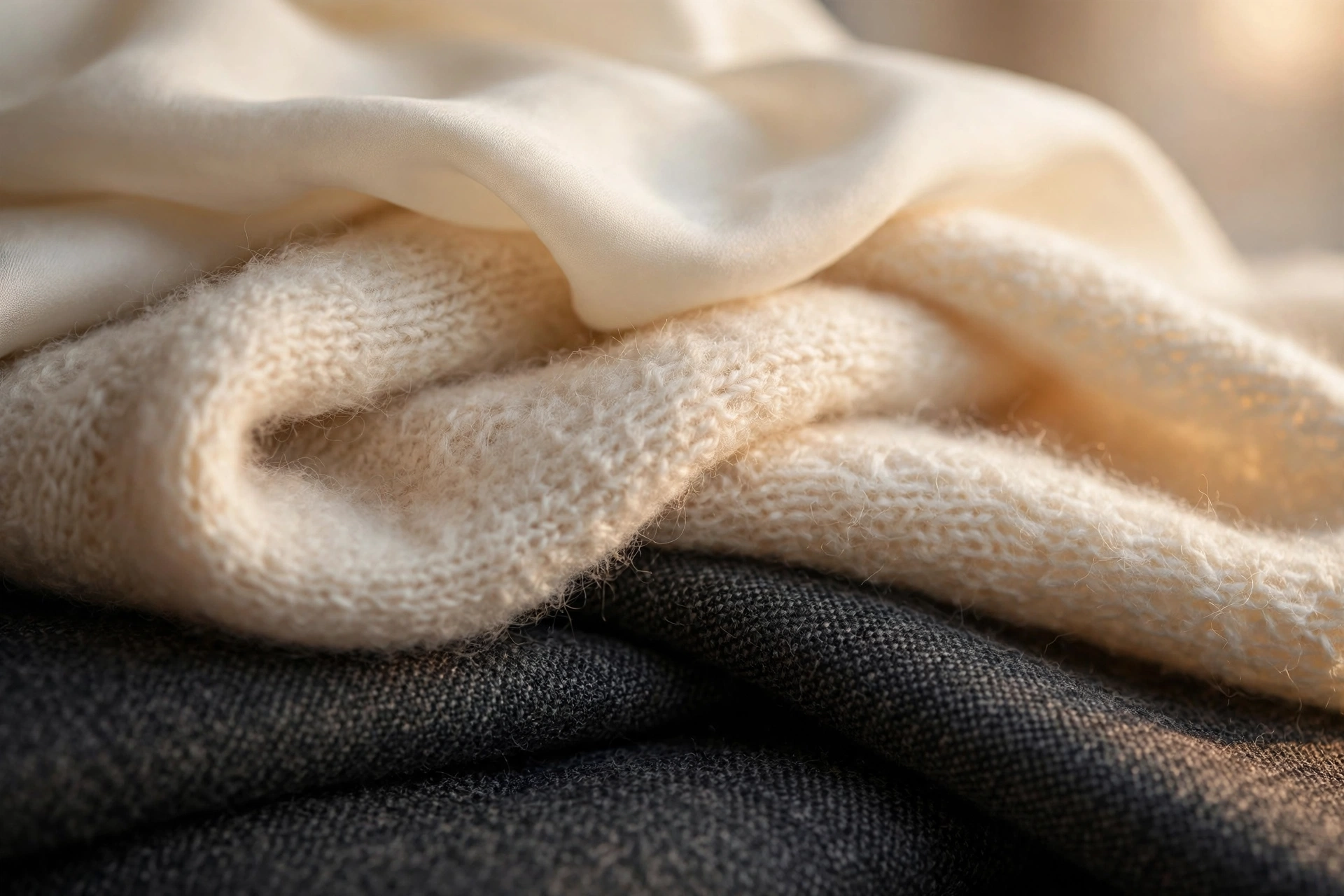 Macro close-up of luxury winter fabrics: wool suiting, cashmere and silk